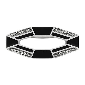 Art Deco Style Cabochon Black Onyx & Marcasite Brooch in 925 Sterling Silver