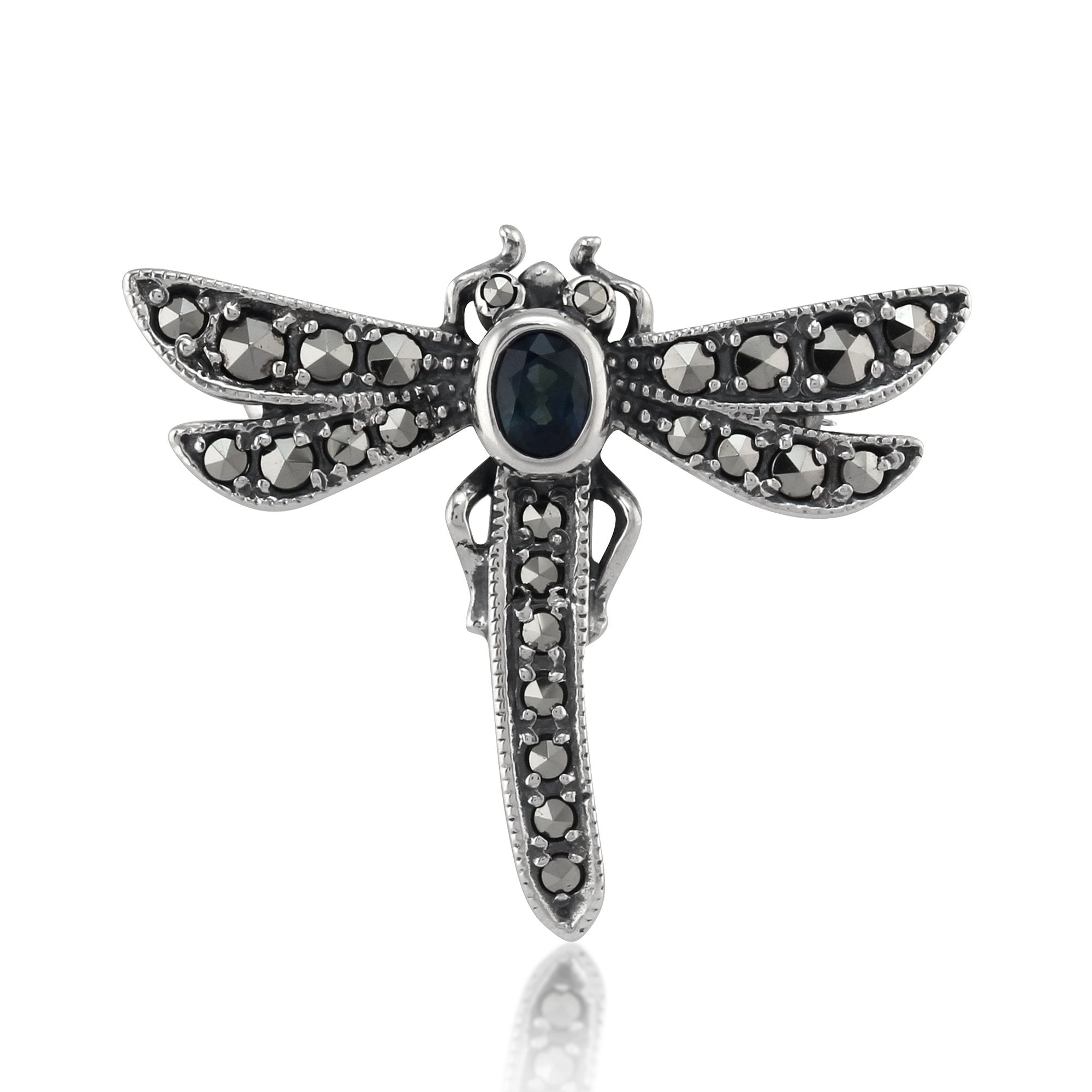 Art Nouveau Style Oval Marcasite & Sapphire Dragonfly Brooch in 925 Sterling Silver