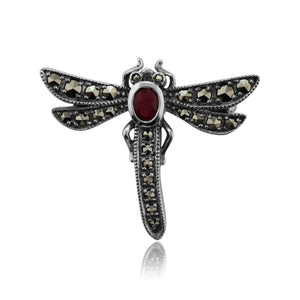 Art Nouveau Style Oval Marcasite & Sapphire Dragonfly Brooch in 925 Sterling Silver