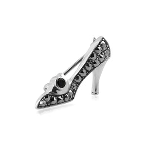 Art Nouveau Style Round Sapphire & Marcasite Shoe Brooch in 925 Sterling Silver