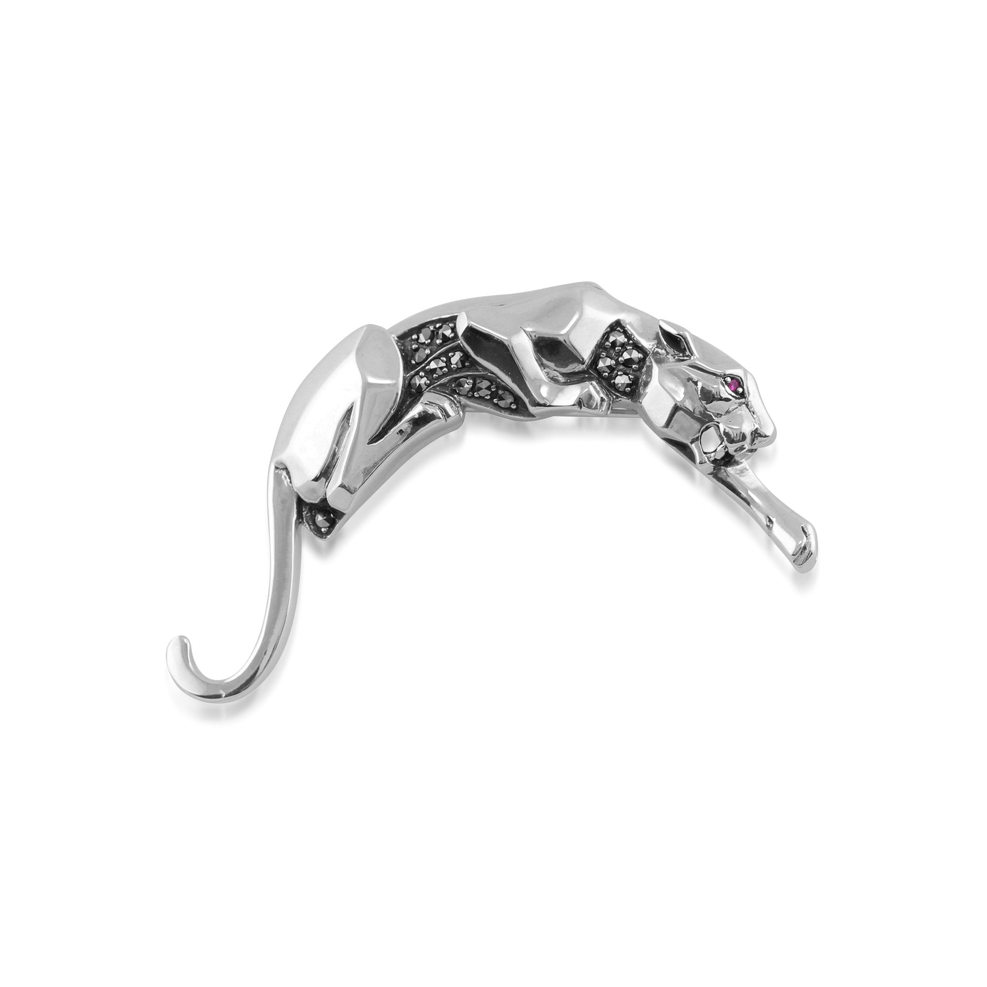 Art Deco Style Round Ruby & Marcasite Panther Brooch in 925 Sterling Silver