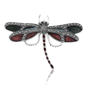 Art Nouveau Style Round Marcasite & Enamel Dragonfly Brooch in 925 Sterling Silver