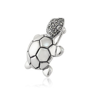 Classic Round Marcasite Cute Turtle Brooch in 925 Sterling Silver