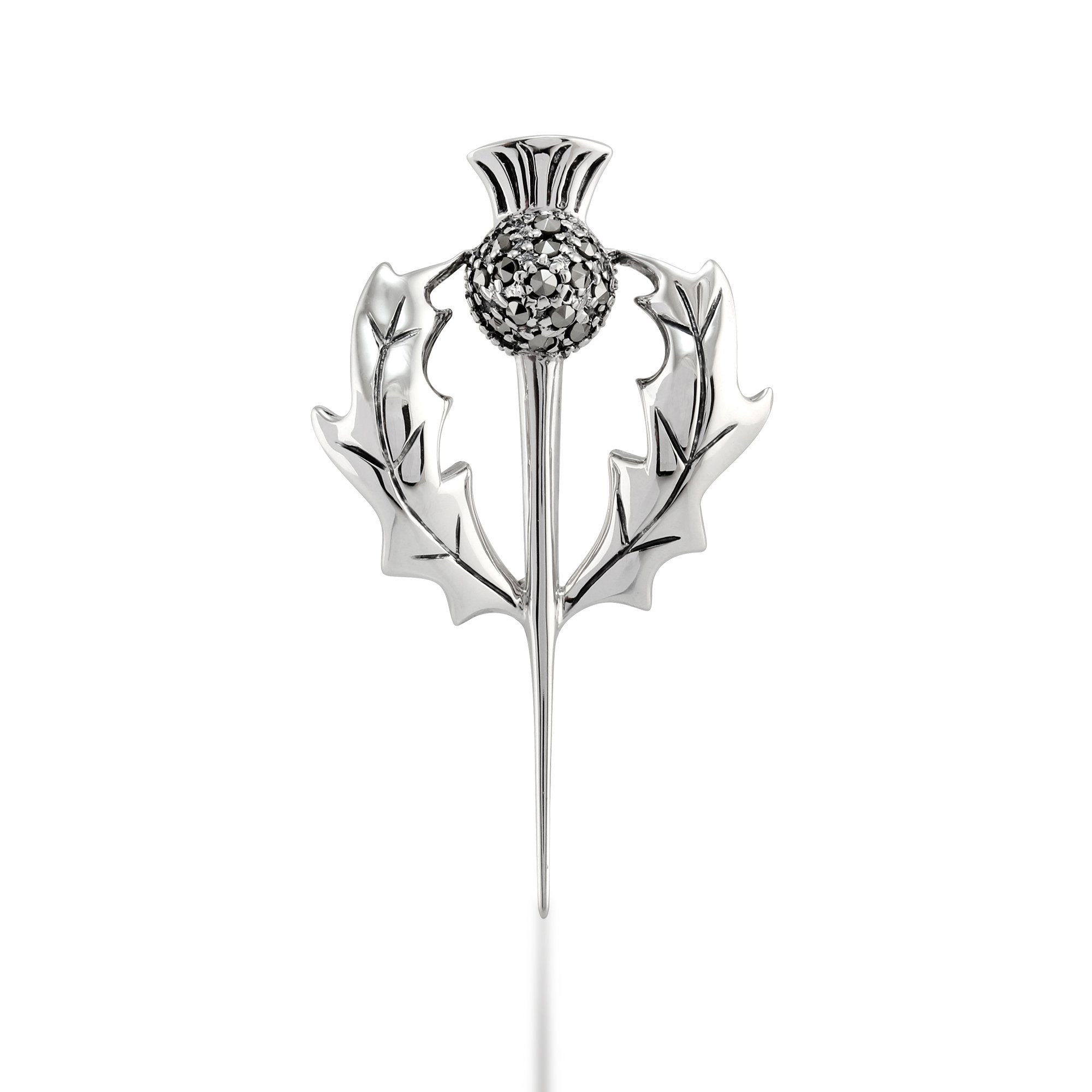 Art Nouveau Style Round Marcasite Thistle Brooch in 925 Sterling Silver