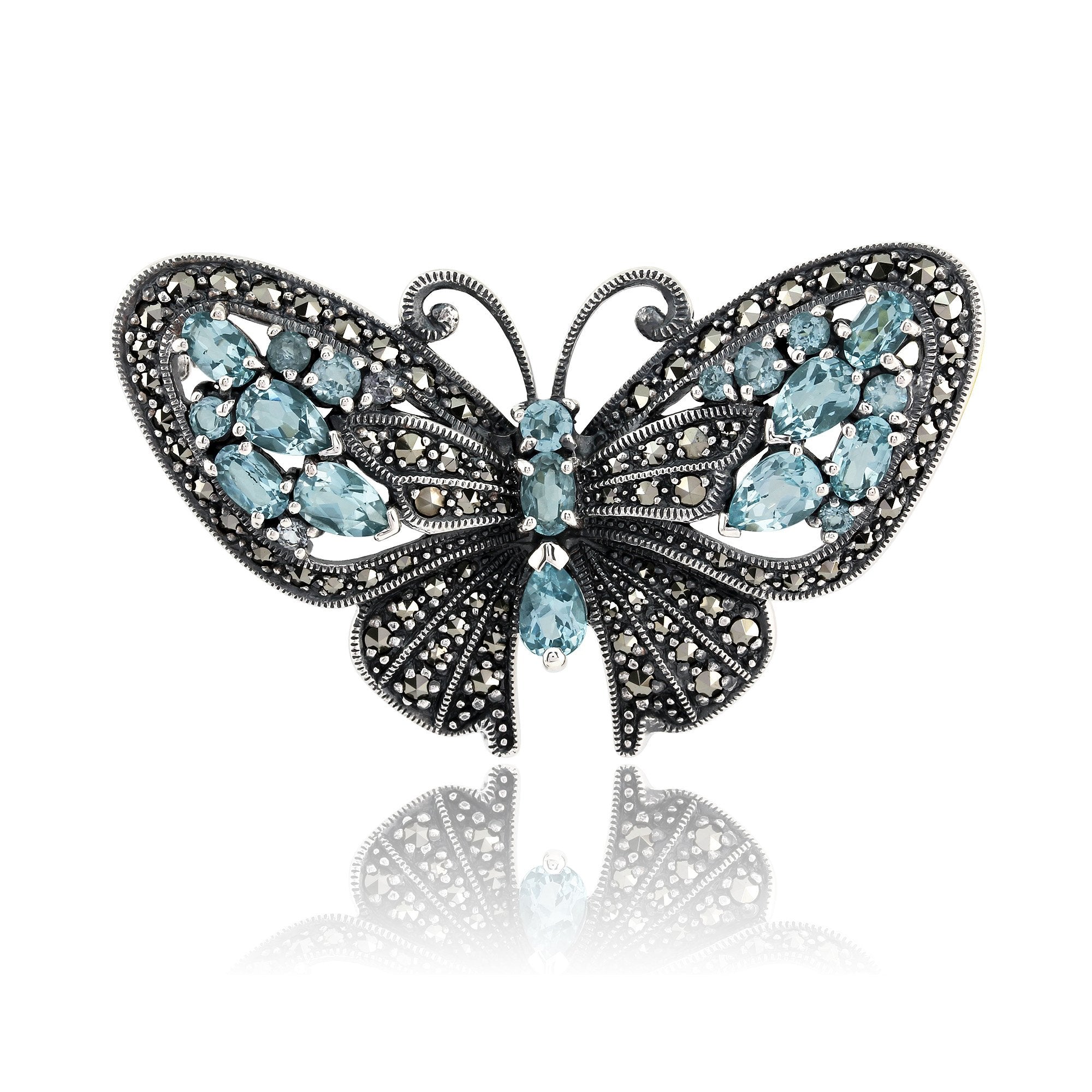 Art Nouveau Style Marquise Blue Topaz & Marcasite Butterfly Brooch in 925 Sterling Silver