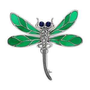 Art Nouveau Style Round Marcasite & Green Enamel Dragonfly Brooch in 925 Sterling Silver