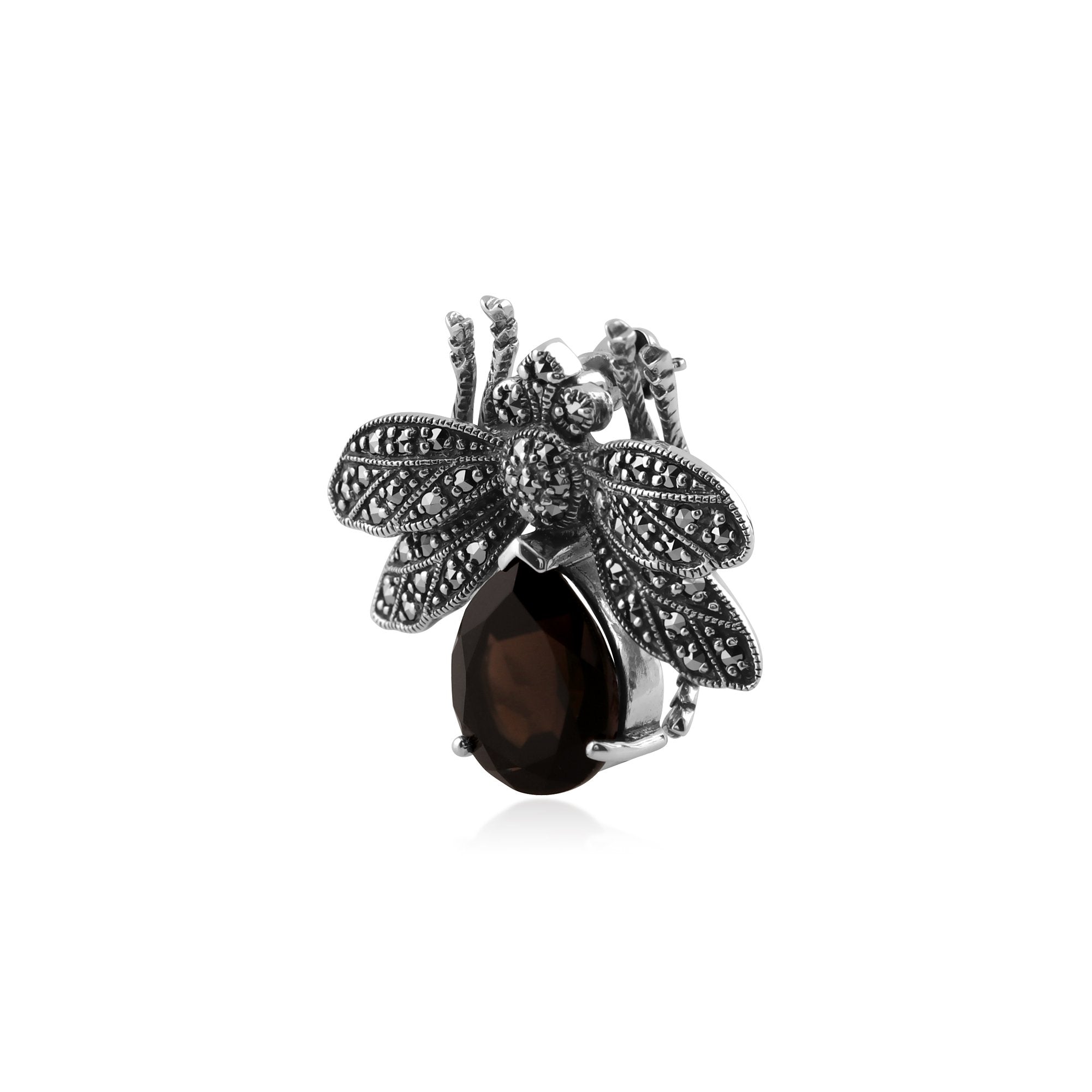 Classic Pear Marcasite & Smokey Quartz Bumble Bee Brooch in 925 Sterling Silver