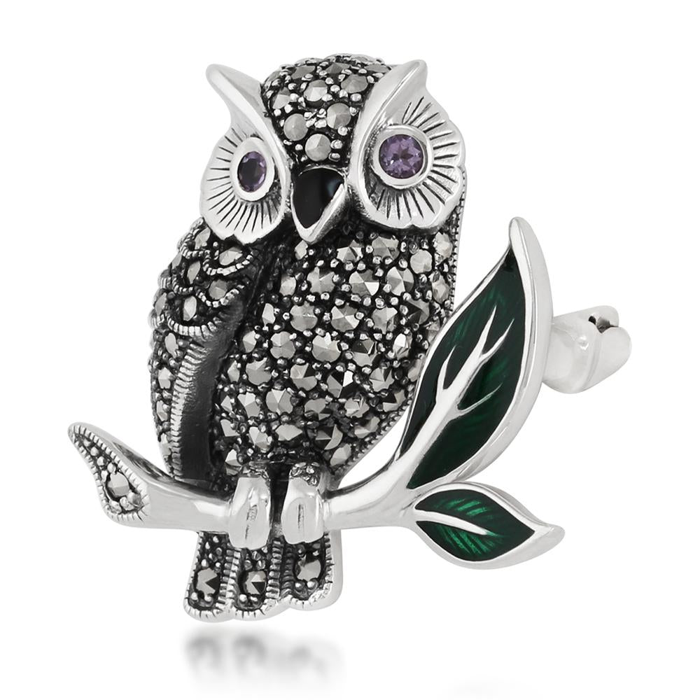 Art Nouveau Style Round Marcasite, Amethyst & Enamel Owl Brooch in 925 Sterling Silver