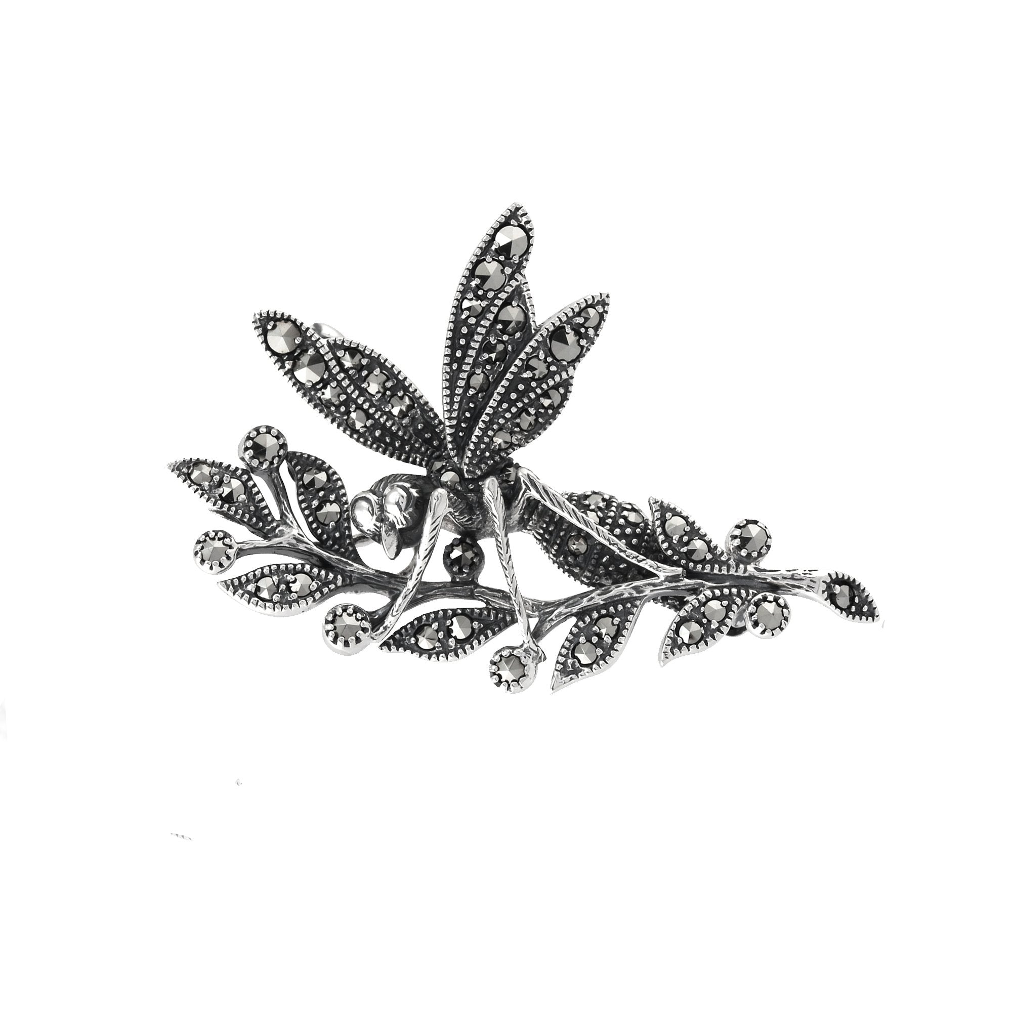 Art Nouveau Style Round Marcasite Wasp Brooch in 925 Sterling Silver