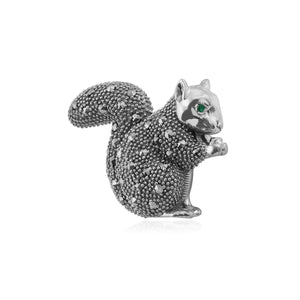 Marcasite & Emerald Squirrel Brooch in 925 Sterling Silver