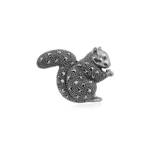 Marcasite & Emerald Squirrel Brooch in 925 Sterling Silver