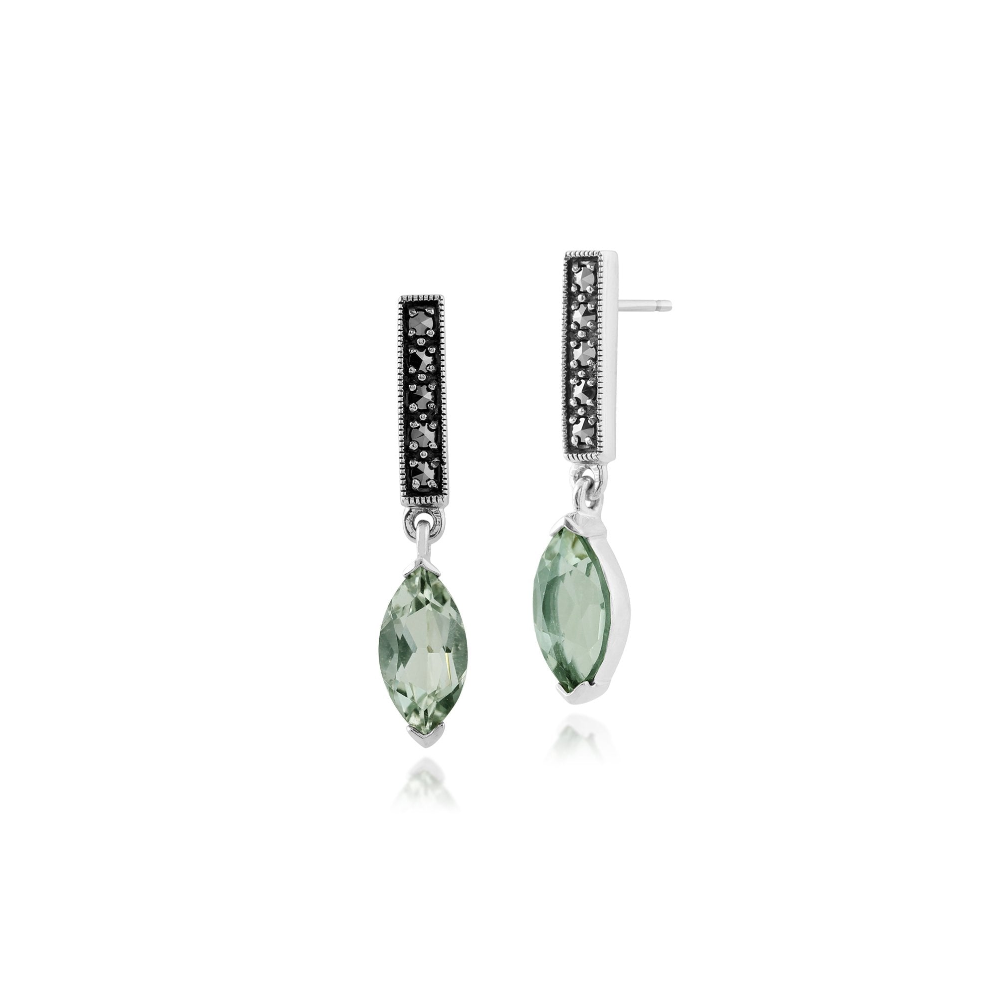 Art Deco Style Marquise Mint Green Quartz & Marcasite Bar Drop Earrings in 925 Sterling Silver