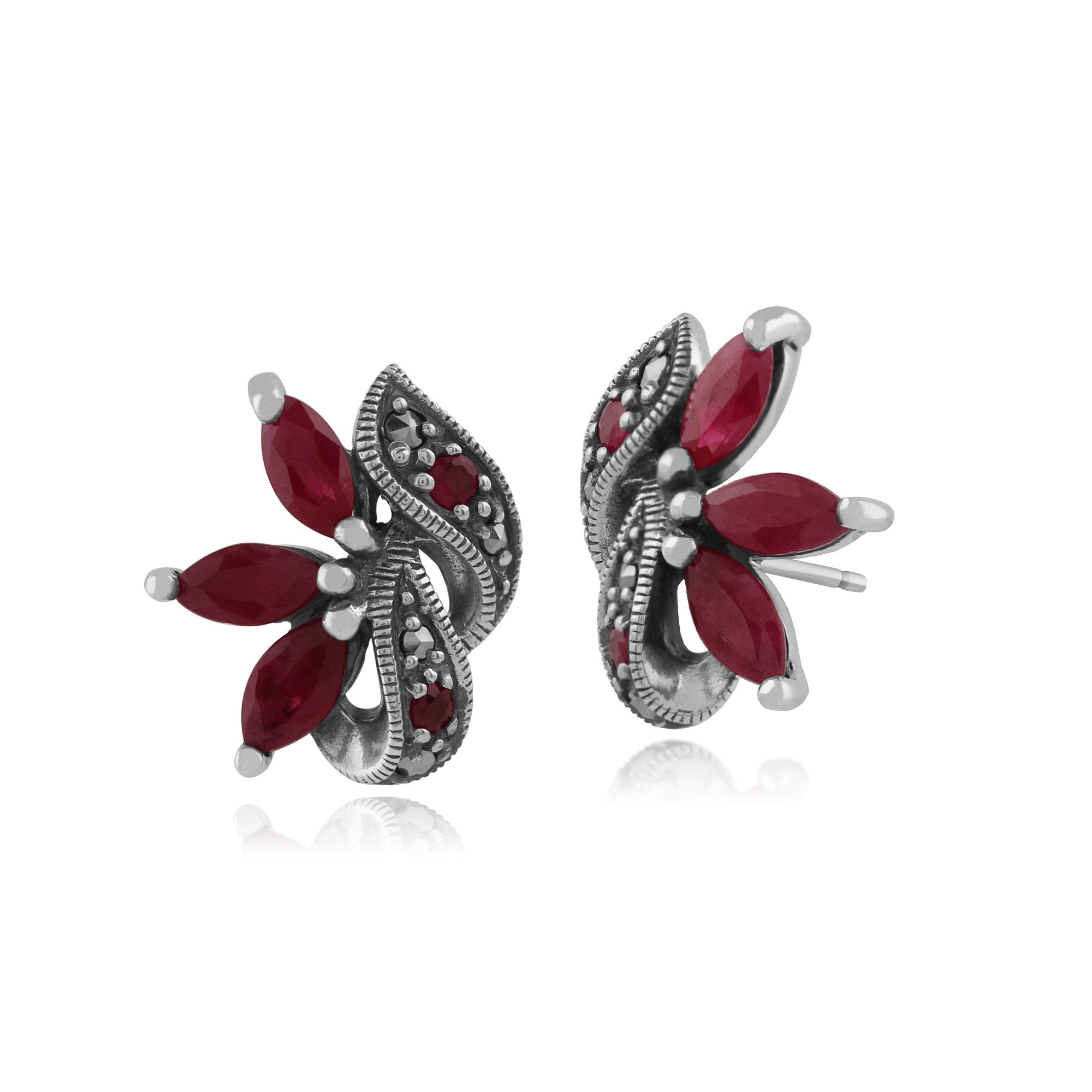 Art Nouveau  Marquise Ruby & Marcasite Leaf Stud Earrings in 925 Sterling Silver