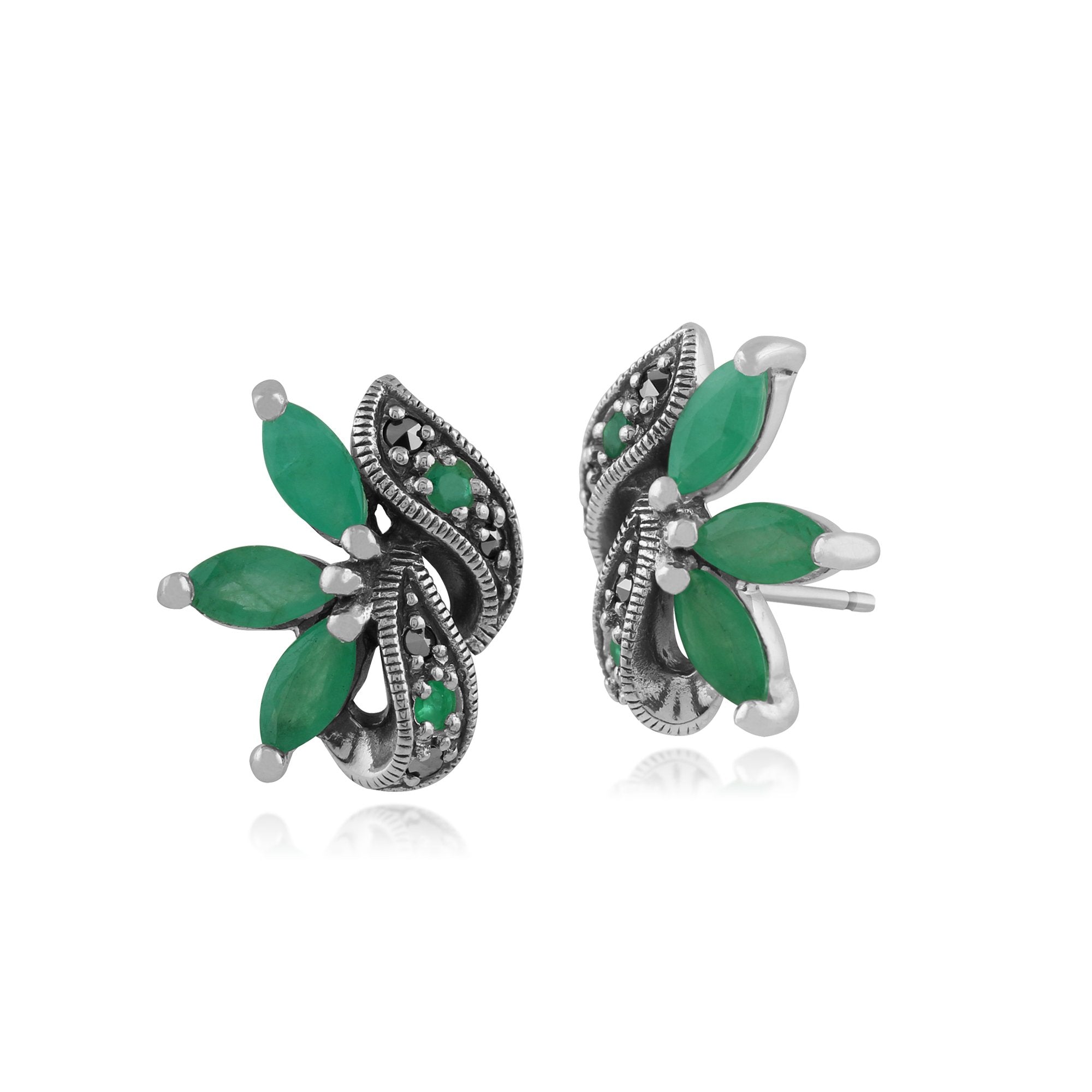 Art Nouveau Marquise Emerald & Marcasite Leaf Stud Earrings in 925 Sterling Silver
