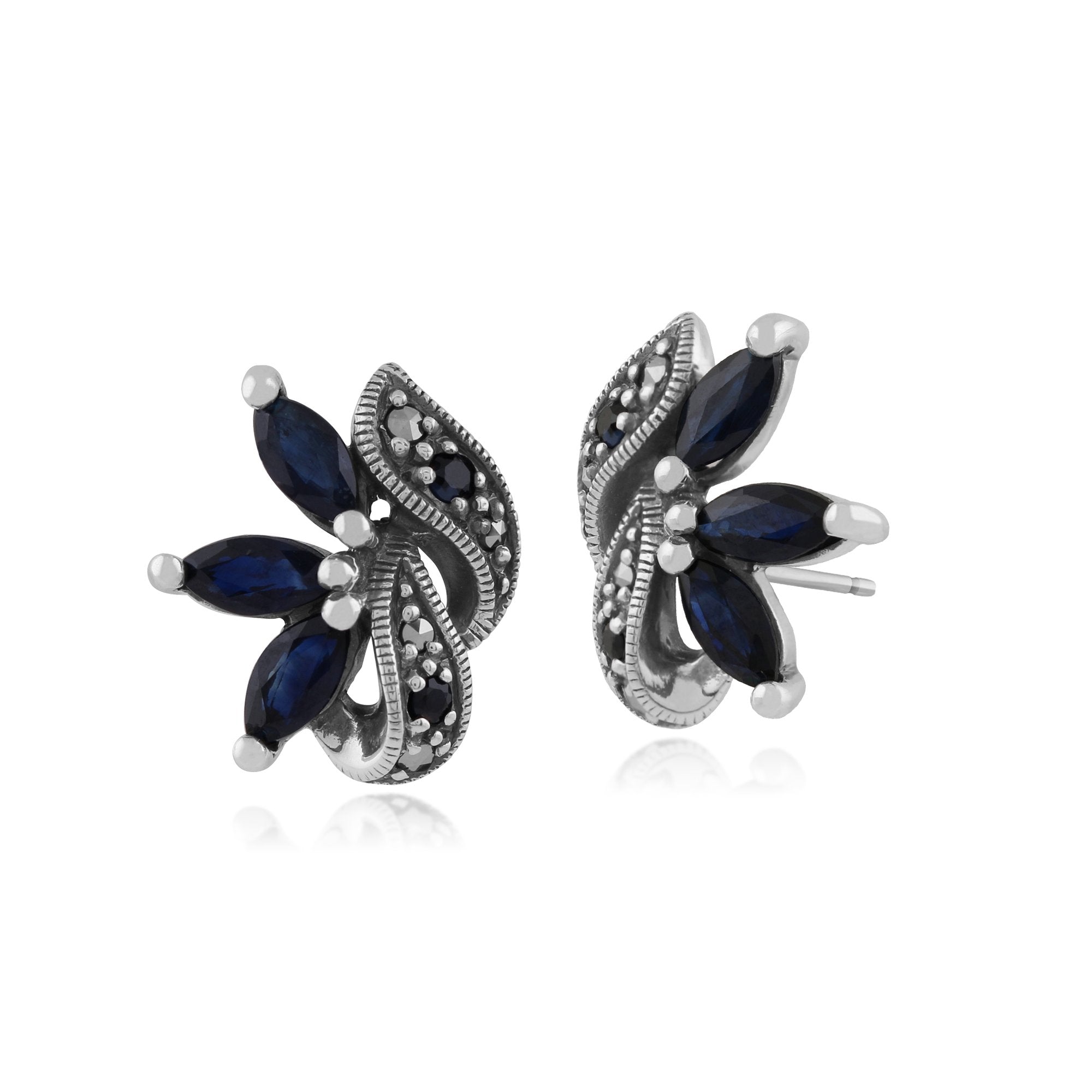 Art Nouveau Style Marquise Sapphire & Marcasite Leaf Stud Earrings in Sterling Silver