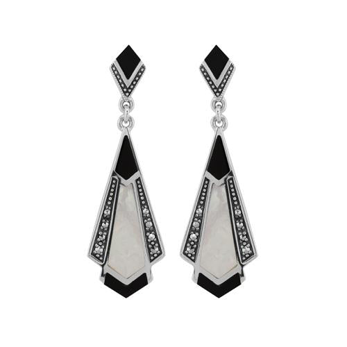 Art Deco Style Cabochon Black Onyx, Mother of Pearl & Marcasite Drop Earrings in 925 Sterling Silver