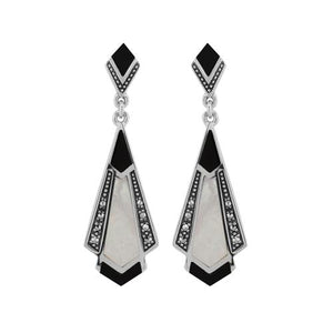 Art Deco Style Cabochon Black Onyx, Mother of Pearl & Marcasite Drop Earrings in 925 Sterling Silver