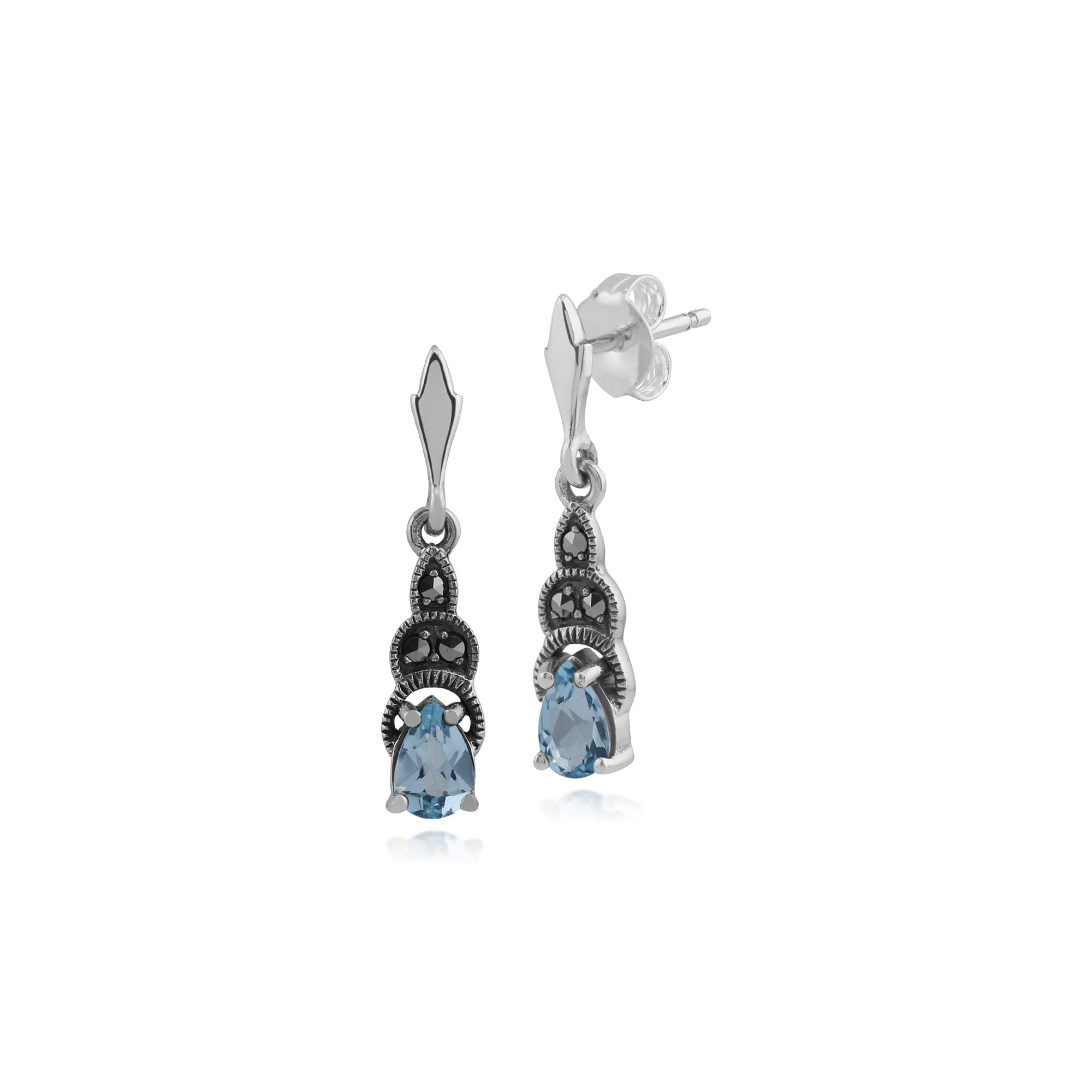 Art Deco Style Pear Blue Topaz & Marcasite Drop Earrings in 925 Sterling Silver