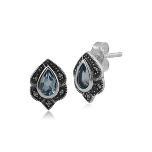 Art Nouveau Style Pear Blue Topaz & Marcasite Leaf Stud Earrings in 925 Sterling Silver