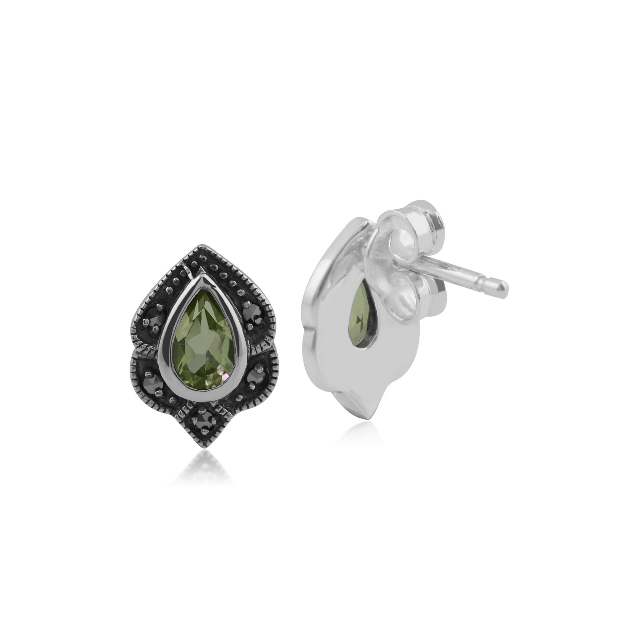 Art Nouveau Style Pear Peridot & Marcasite Leaf Stud Earrings in 925 Sterling Silver