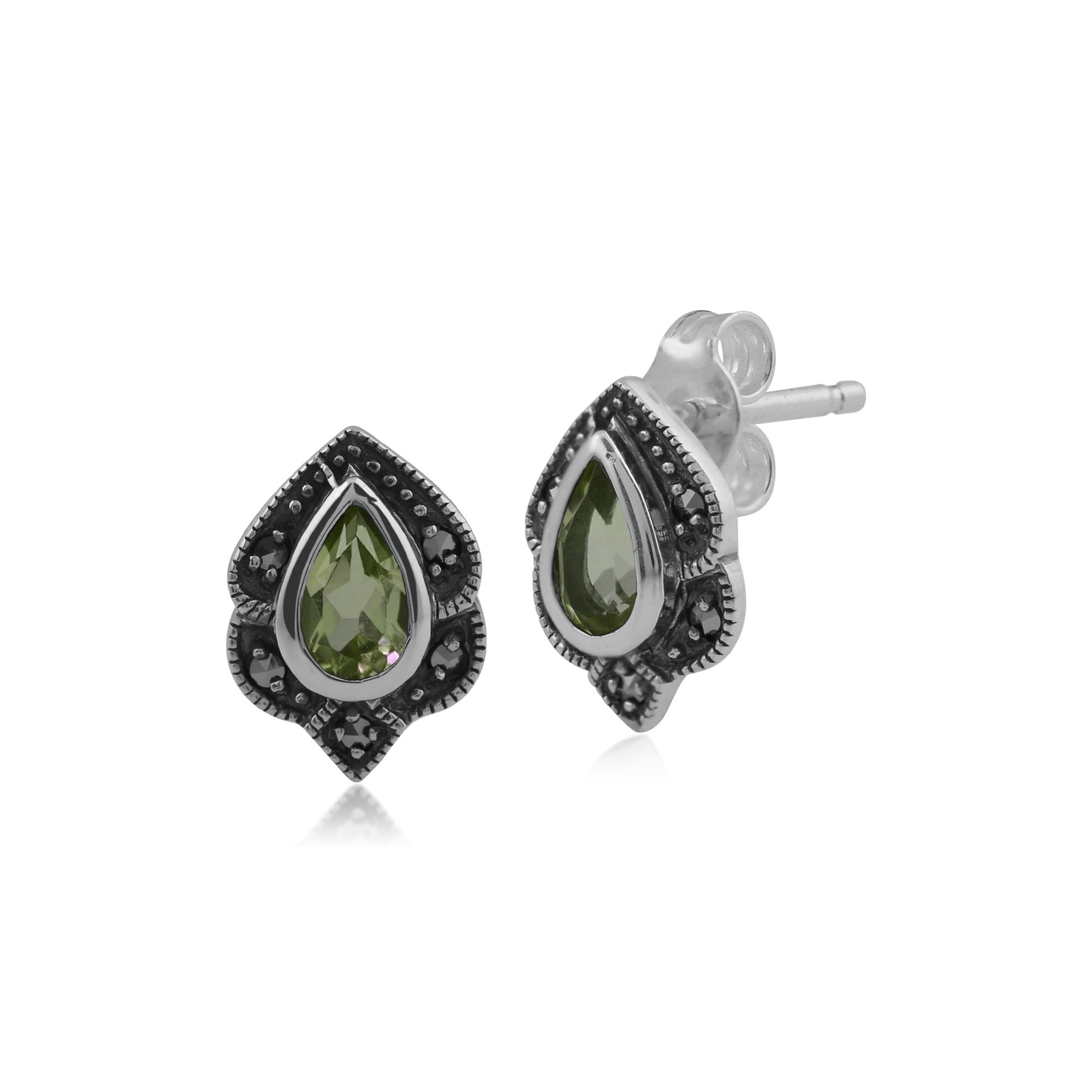 Art Nouveau Style Pear Peridot & Marcasite Leaf Stud Earrings in 925 Sterling Silver