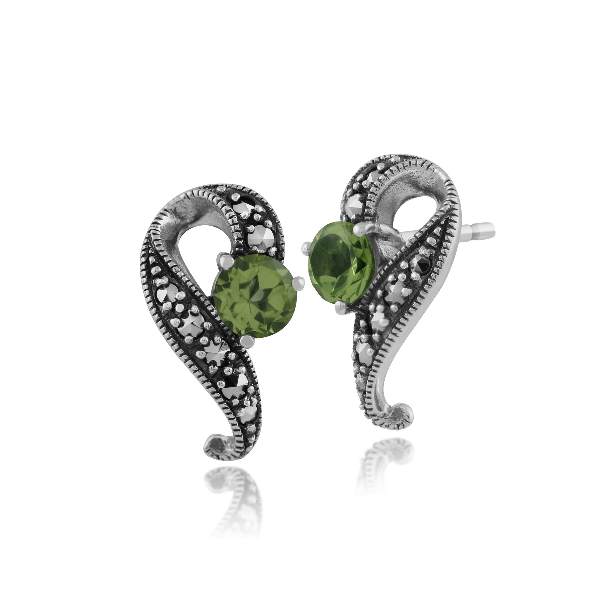 Art Nouveau Style Round Peridot & Marcasite Swirl Stud Earrings in 925 Sterling Silver