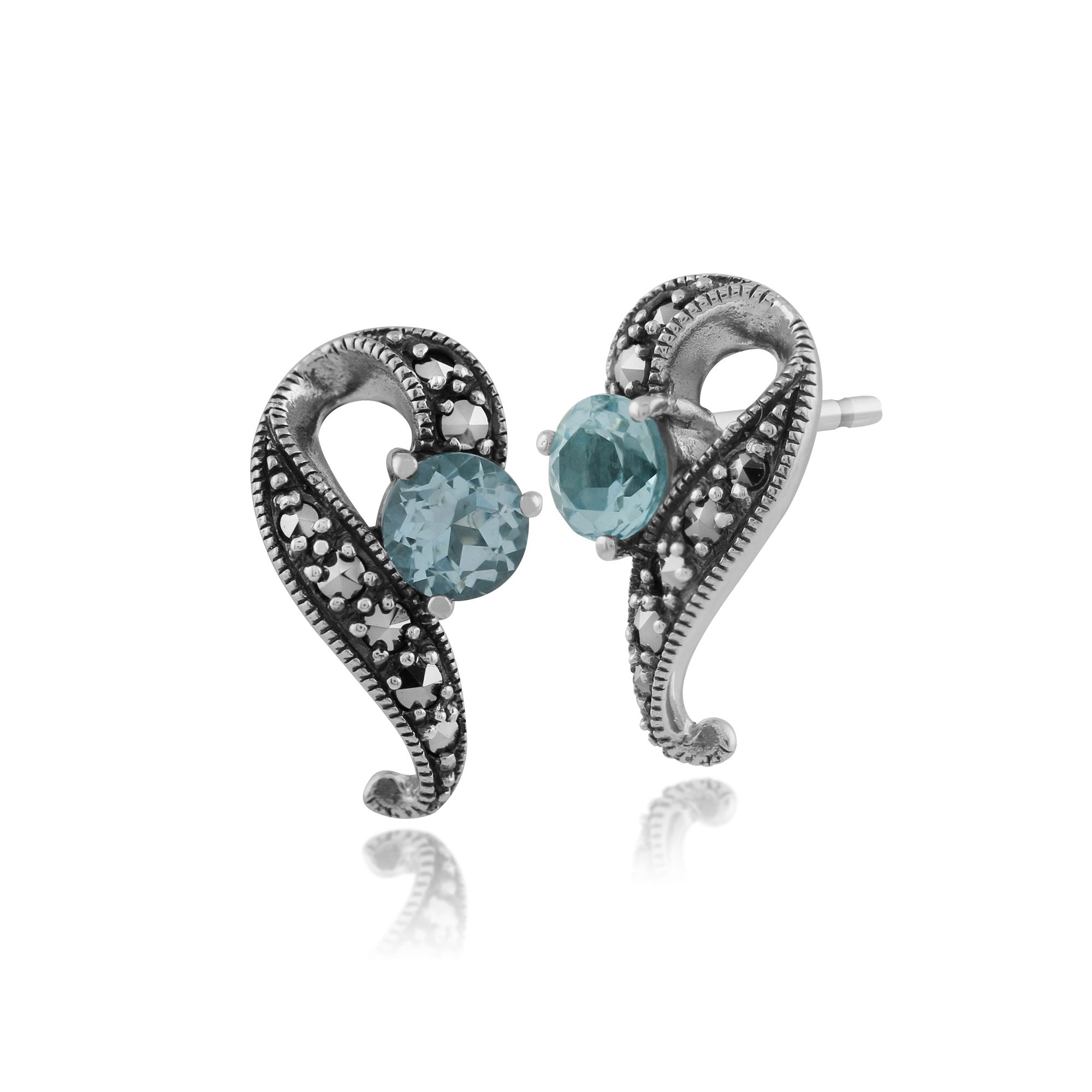 Art Nouveau Style Round Blue Topaz & Marcasite Swirl Stud Earrings in 925 Sterling Silver