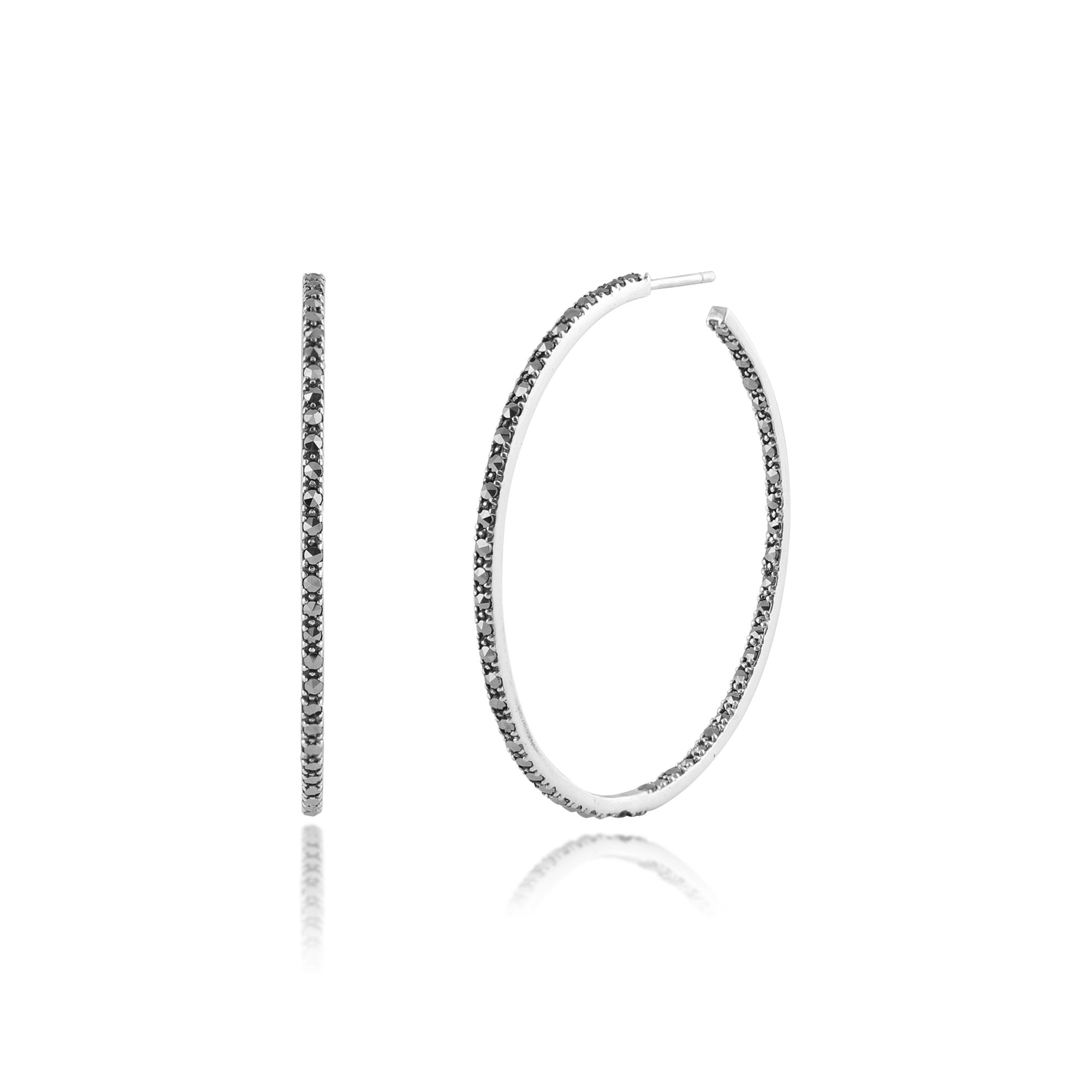Classic Round Marcasite Large Hoop Earrings in 925 Sterling Silver