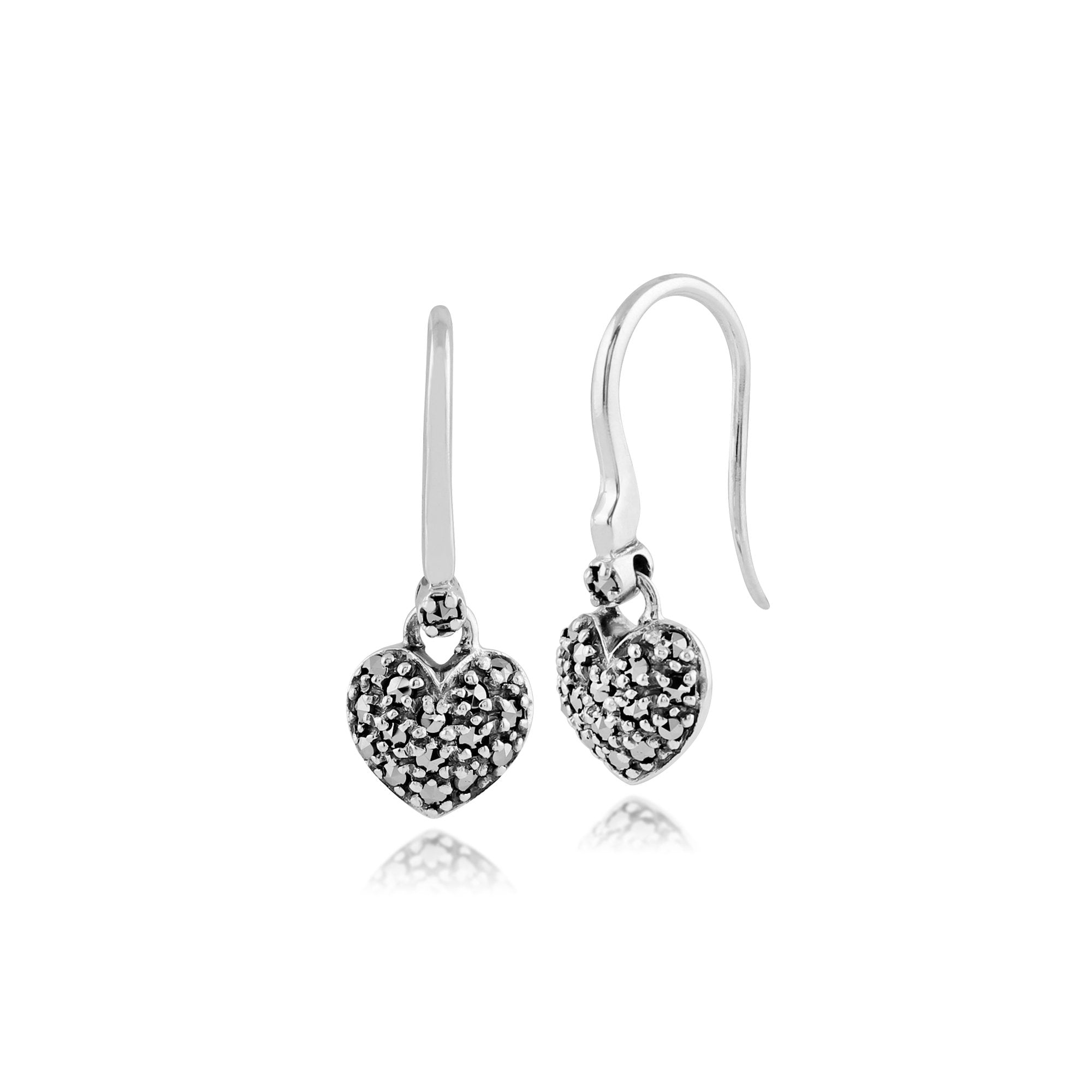 Classic Round Marcasite Heart Drop Earrings in 925 Sterling Silver