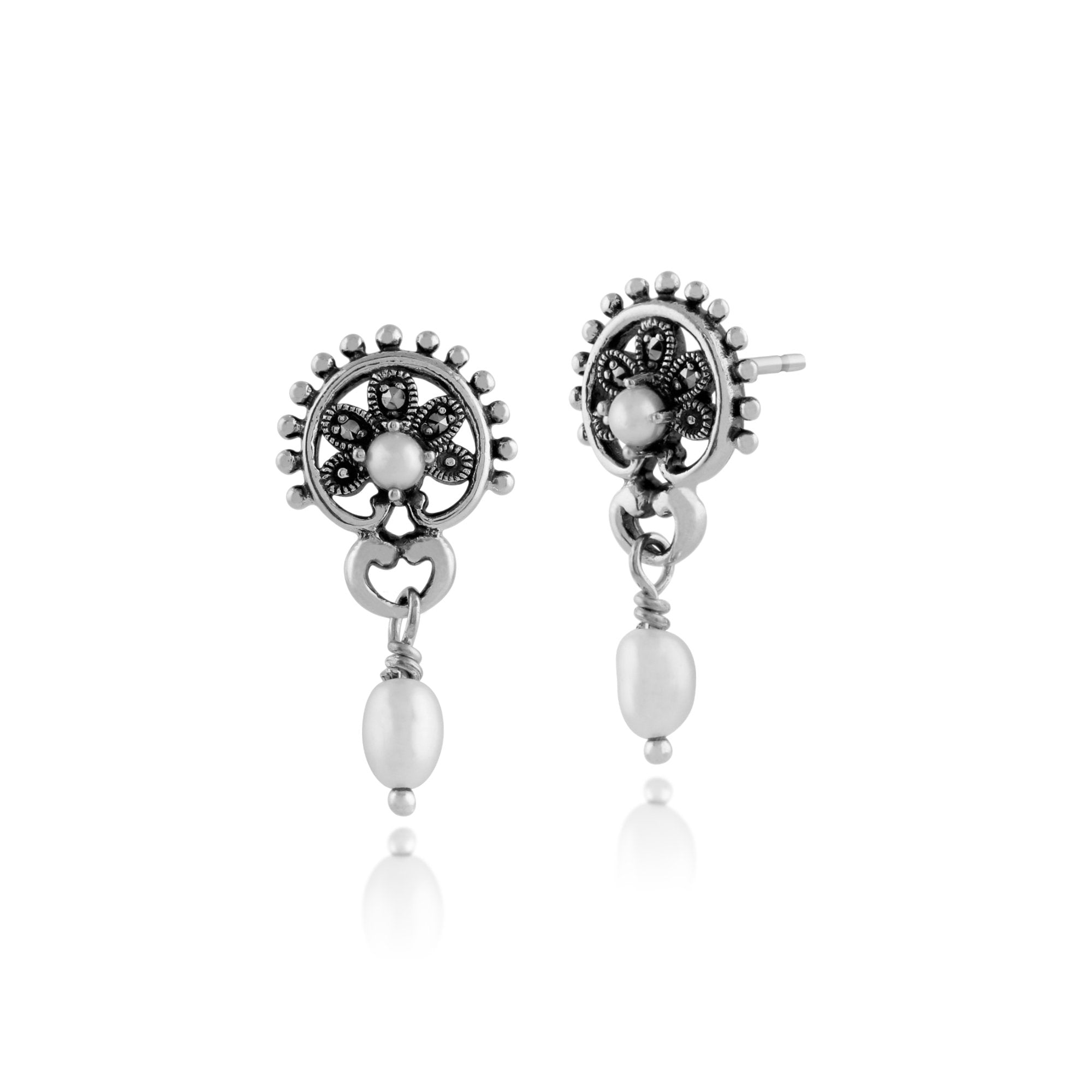 Floral Round Freshwater Pearl & Marcasite Drop Earrings in 925 Sterling Silver