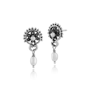 Floral Round Freshwater Pearl & Marcasite Drop Earrings in 925 Sterling Silver