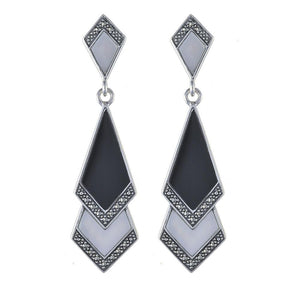 Art Deco Black Onyx & Mother of Pearl Fan Drop Earrings & Necklace Set Image 2