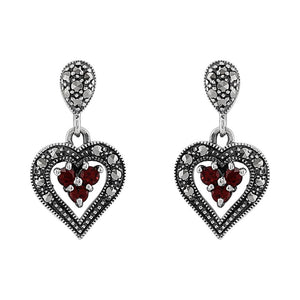 Art Deco Garnet & Marcasite Cluster Heart Drop Earrings & Pendant Set Image 2