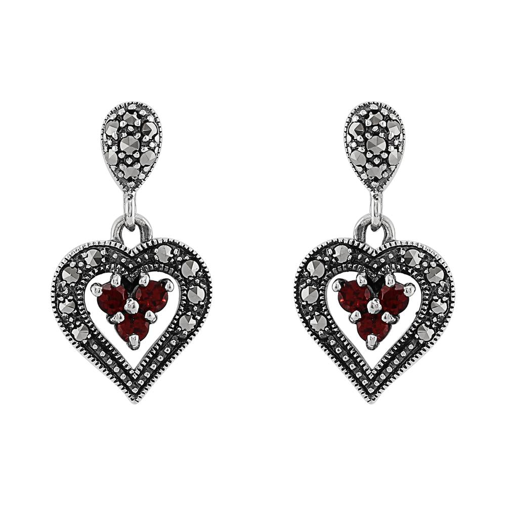 Art Deco Style Round Garnet & Marcasite Heart Earrings in 925 Sterling Silver