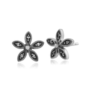 Floral Round Marcasite Flower Stud Earrings in 925 Sterling Silver