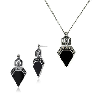 Art Deco Black Onyx & Round Marcasite Stud Drop Earrings & Pendant Set Image 1