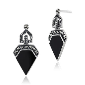 Art Deco Style Black Onyx Cabochon & Marcasite Drop Earrings in 925 Sterling Silver