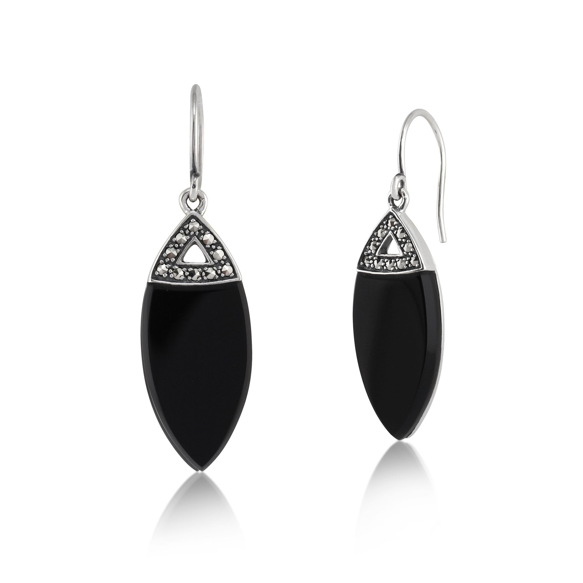 Art Deco Marquise Black Onyx & Marcasite Drop Earrings in 925 Sterling Silver