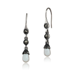 Art Nouveau Style Freshwater Pearl & Marcasite Drop Earrings in 925 Sterling Silver