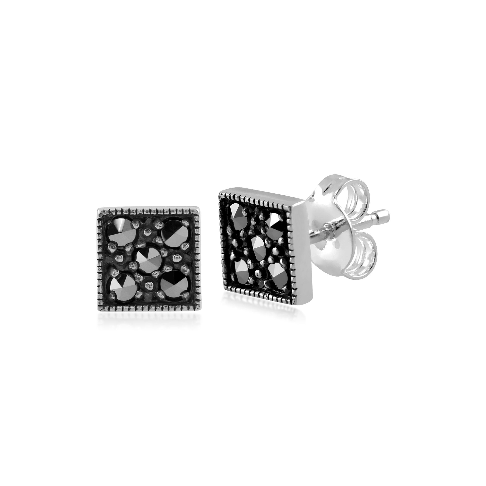 Art Deco Style Round Marcasite Stud Earrings in 925 Sterling Silver