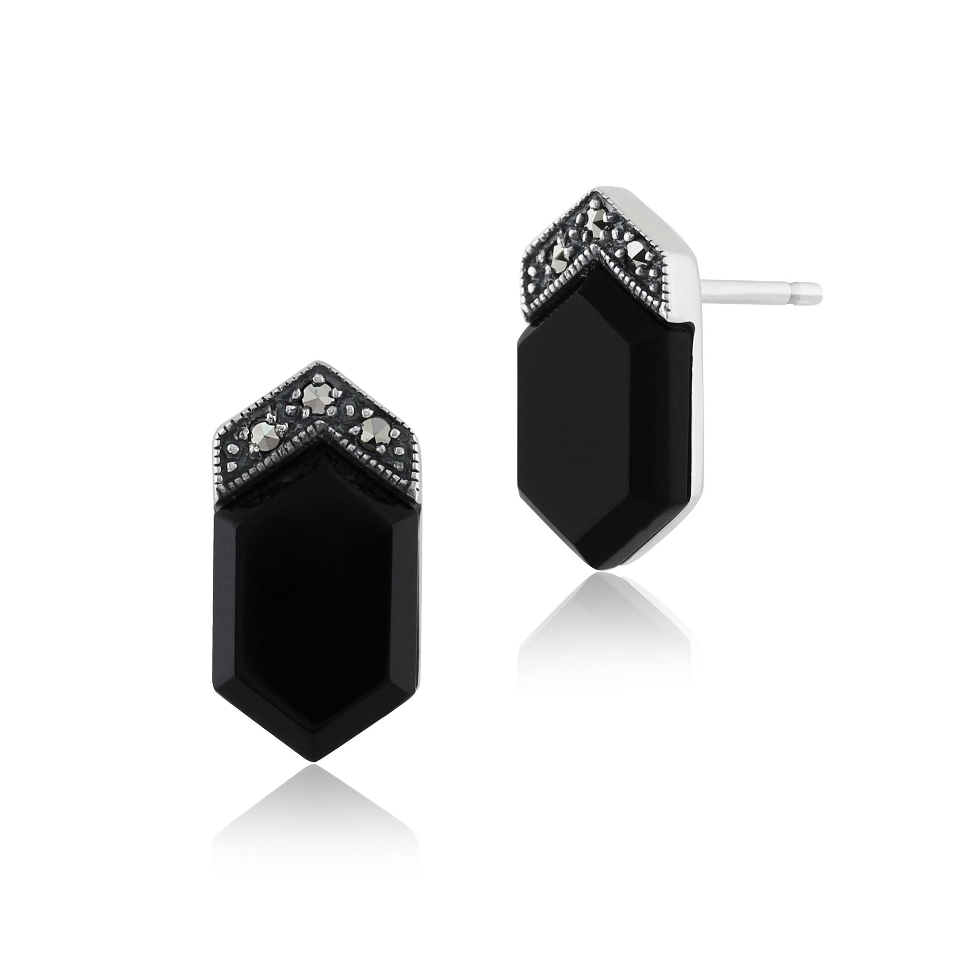 Art Deco Style Black Onyx  Cabochon & Marcasite Stud Earrings in 925 Sterling Silver
