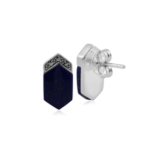 Art Deco Style Lapis Lazuli Cabochon & Marcasite Long Hexagon Studs in 925 Sterling Silver