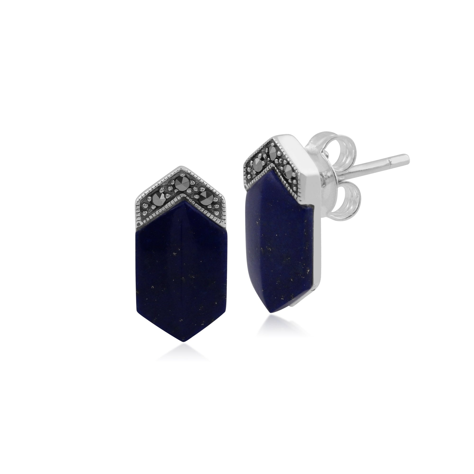 Art Deco Style Lapis Lazuli Cabochon & Marcasite Long Hexagon Studs in 925 Sterling Silver