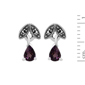 Art Nouveau Style Pear Amethyst & Marcasite Drop Earrings in 925 Sterling Silver