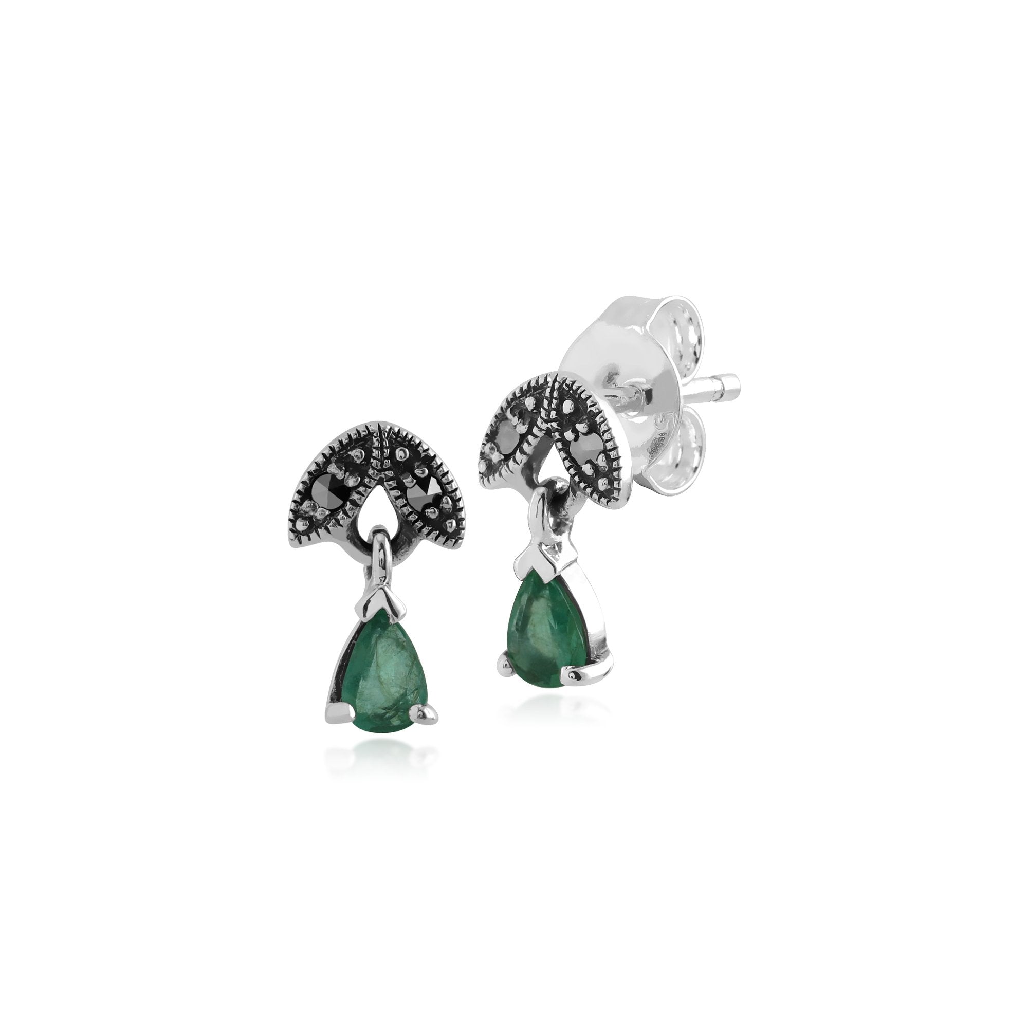 Art Nouveau Style Pear Emerald & Marcasite Drop Earrings in 925 Sterling Silver