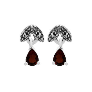 Art Nouveau Style Pear Garnet & Marcasite Drop Earrings in 925 Sterling Silver