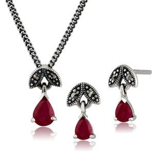 Art Deco Ruby Leaf Drop Earrings & Pendant Set Image 1