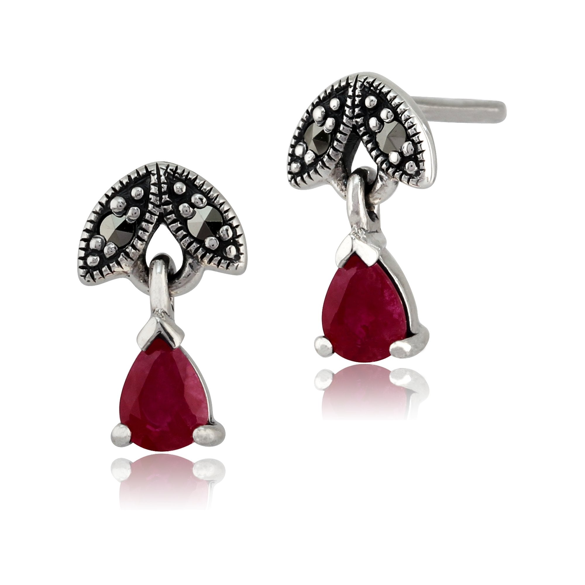 Art Nouveau Style Pear Ruby & Marcasite Drop Earrings in 925 Sterling Silver