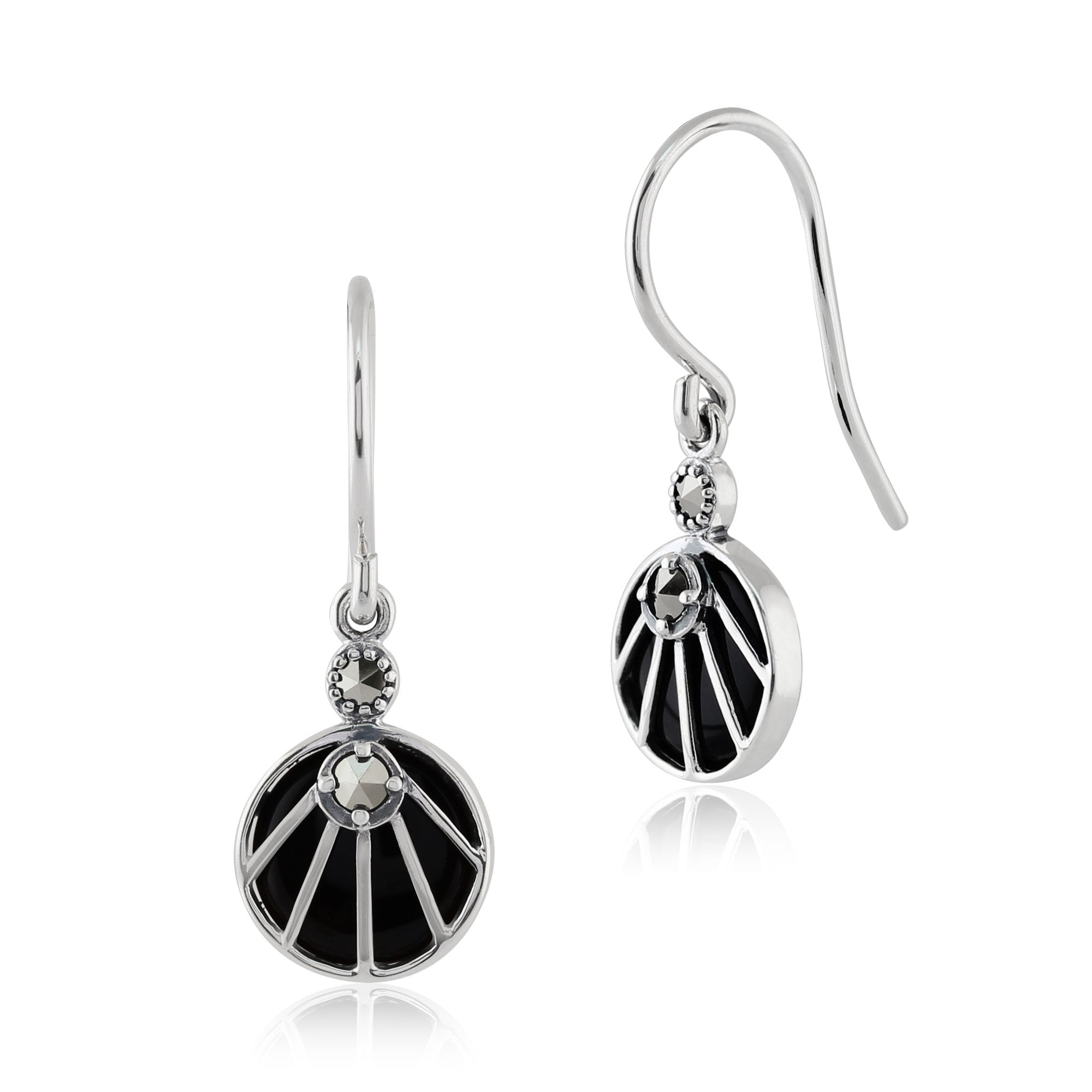 Art Deco Style Black Onyx Cabochon & Marcasite Drop Earrings in 925 Sterling Silver