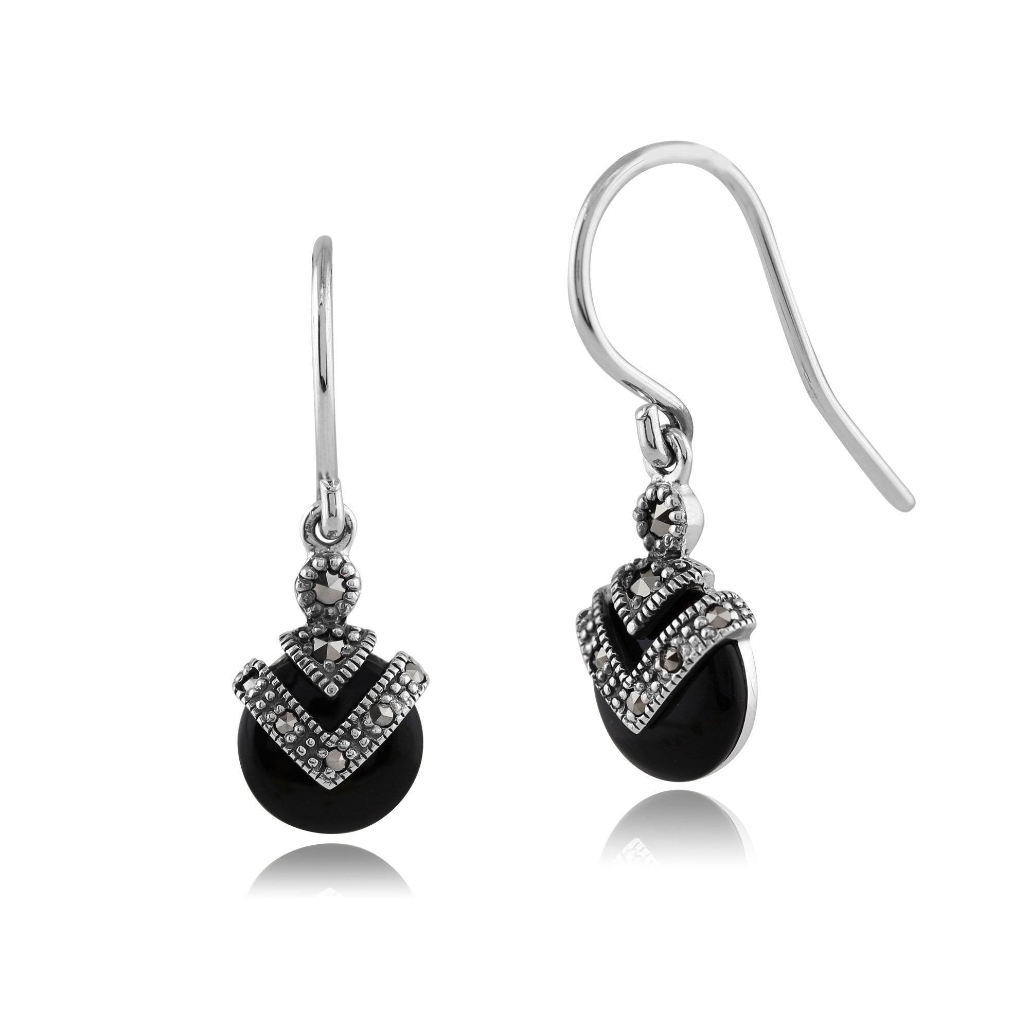 Art Deco Style Round Black Onyx & Marcasite Drop Earrings in 925 Sterling Silver